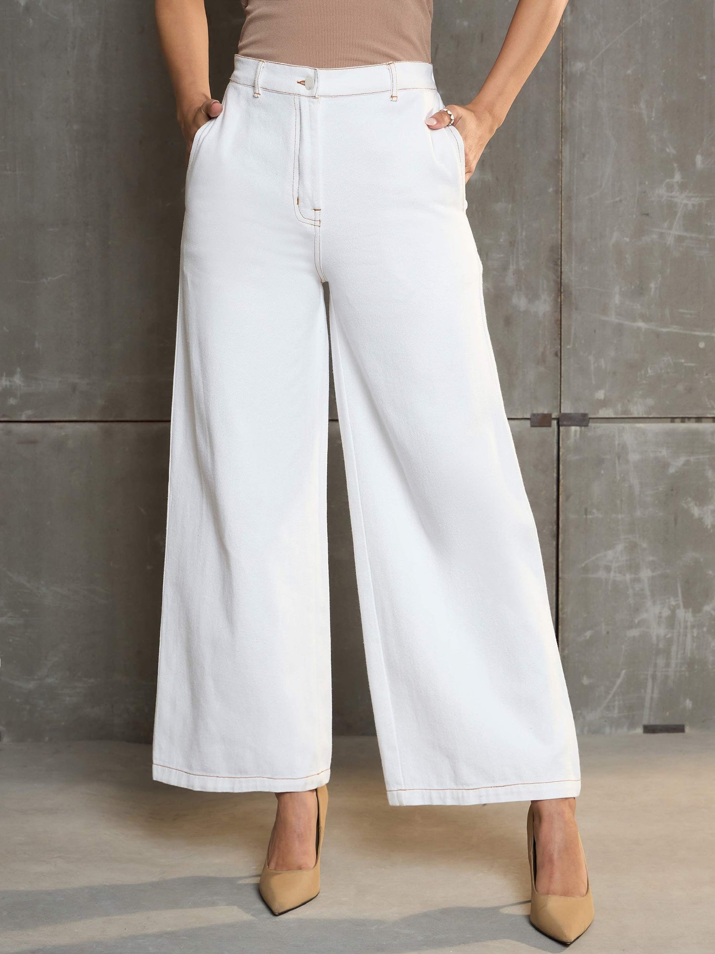 Women's White Denim Flared Pan