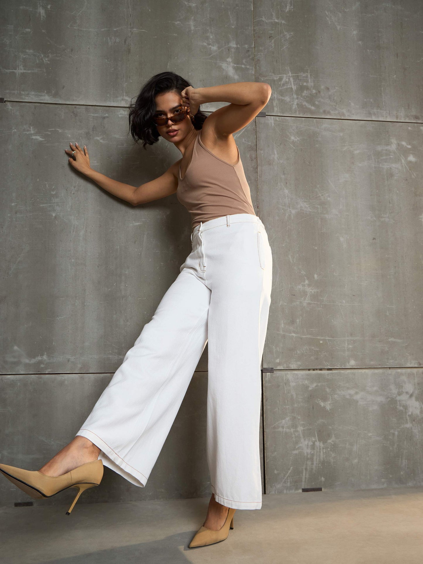 Women's White Denim Flared Pan