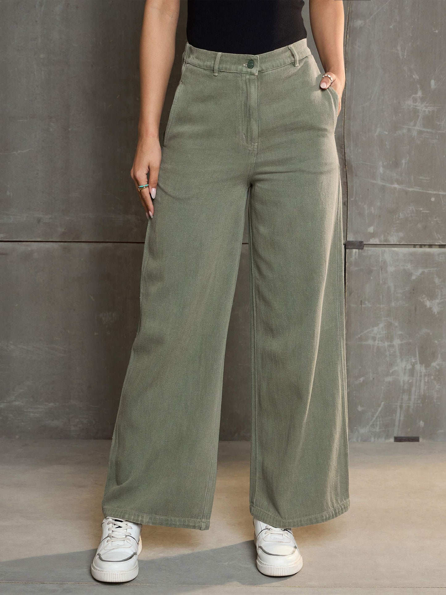 Women's Olive Denim Flared Pan