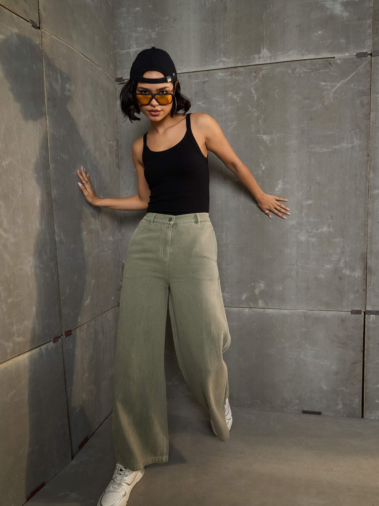Women's Olive Denim Flared Pan