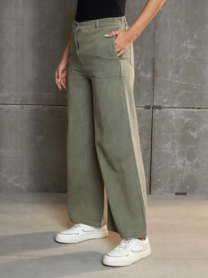 Women's Olive Denim Flared Pan