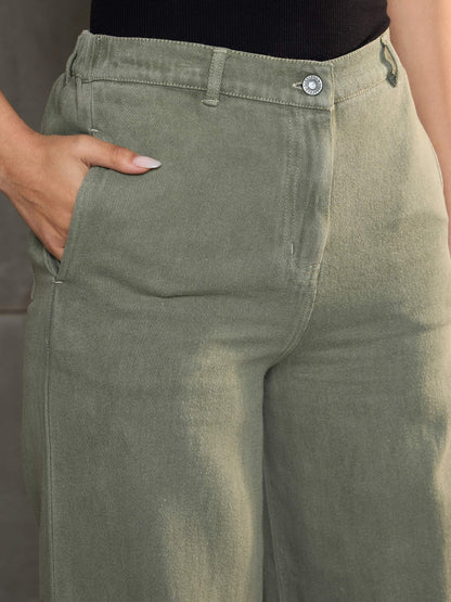 Women's Olive Denim Flared Pan