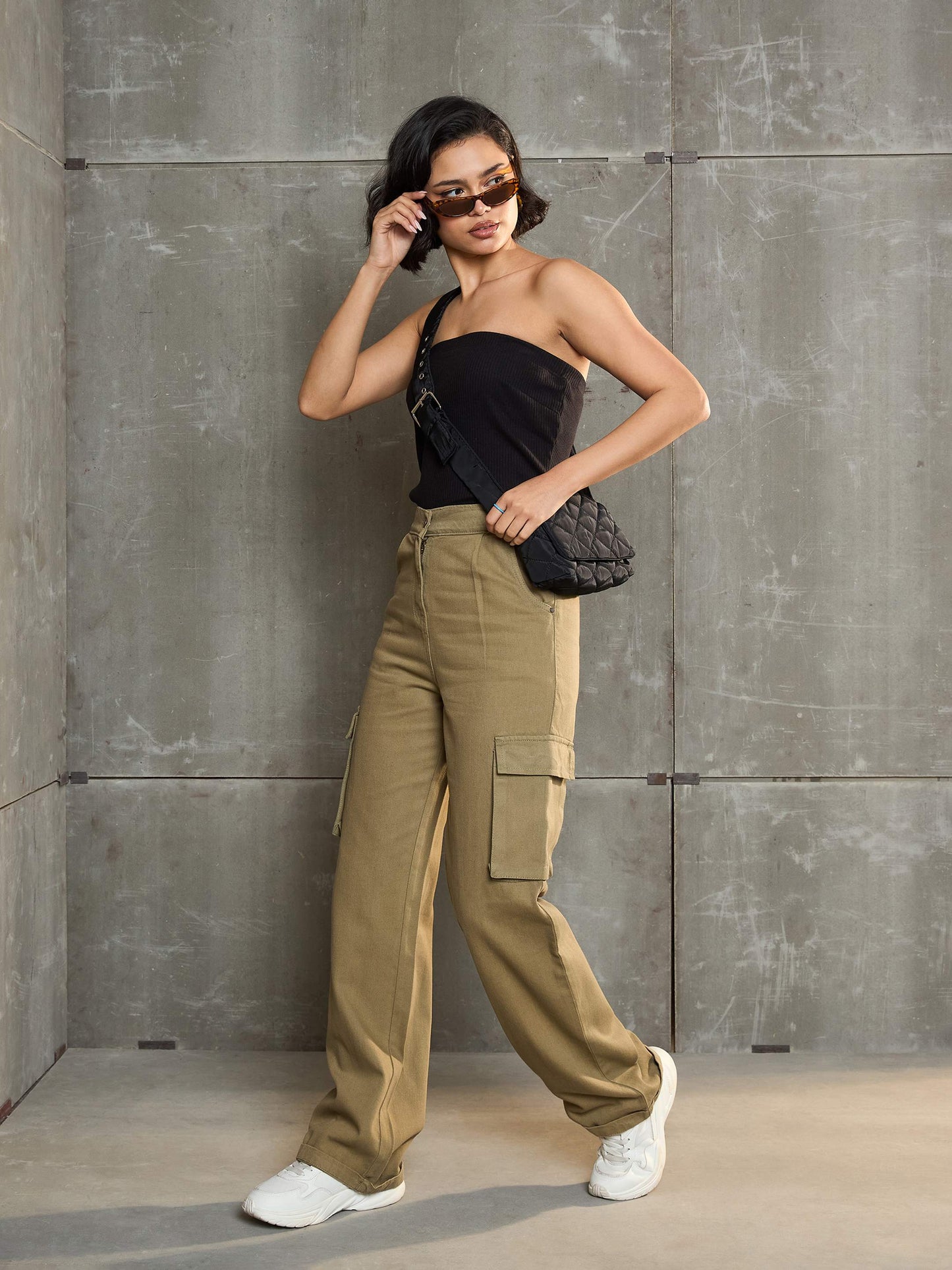 Women's Brown Box Pockets Straight Cargo Pan
