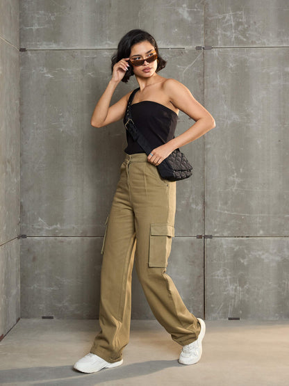 Women's Brown Box Pockets Straight Cargo Pan
