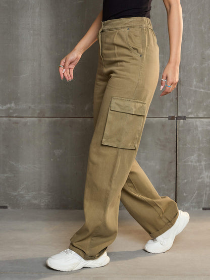 Women's Brown Box Pockets Straight Cargo Pan