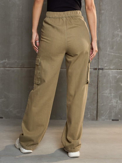 Women's Brown Box Pockets Straight Cargo Pan