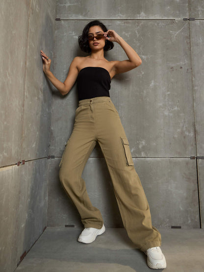 Women's Brown Box Pockets Straight Cargo Pan
