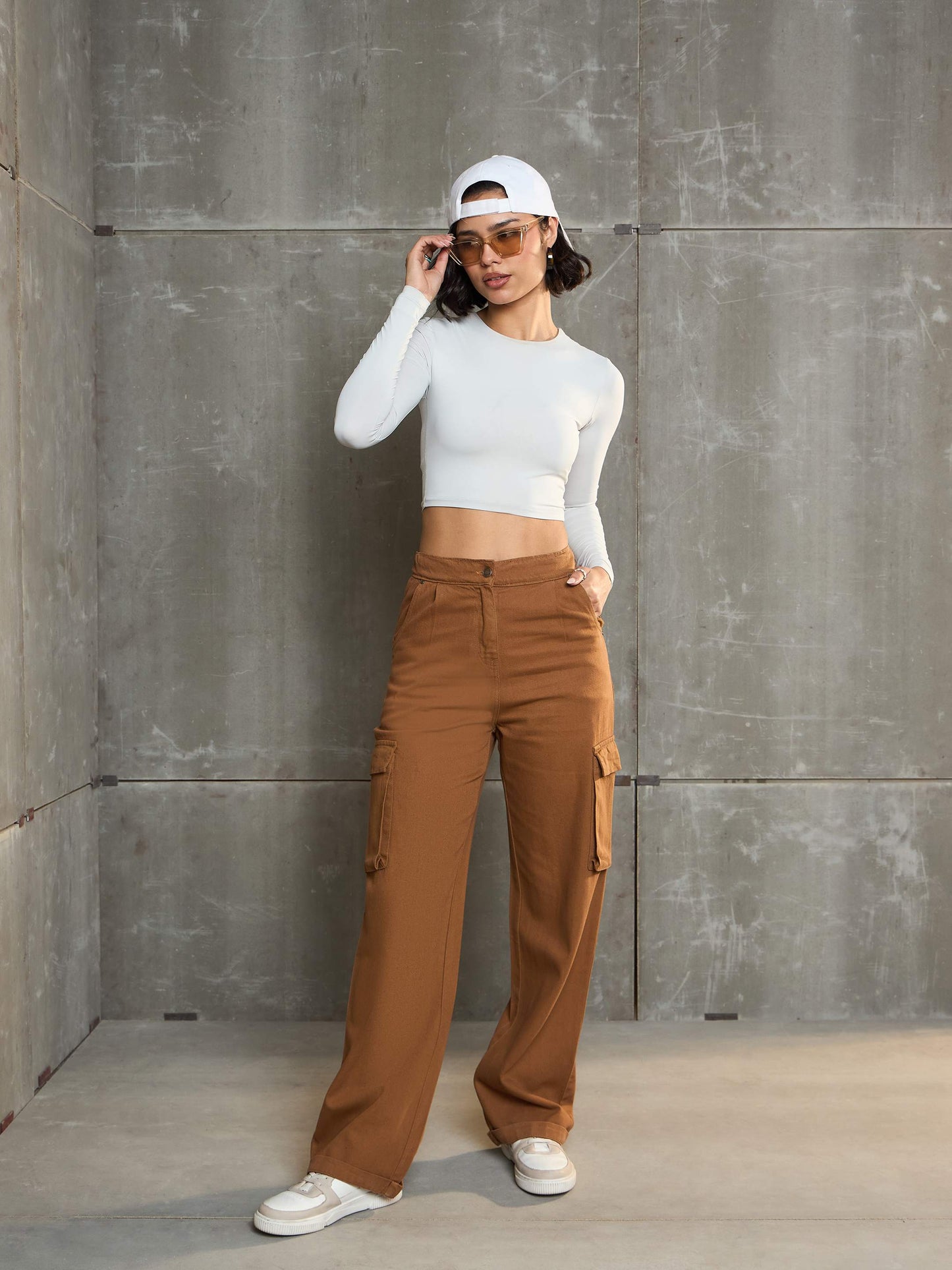 Women's Tan Box Pockets Straight Cargo Pan
