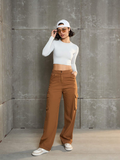 Women's Tan Box Pockets Straight Cargo Pan