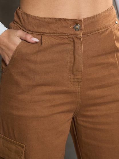 Women's Tan Box Pockets Straight Cargo Pan