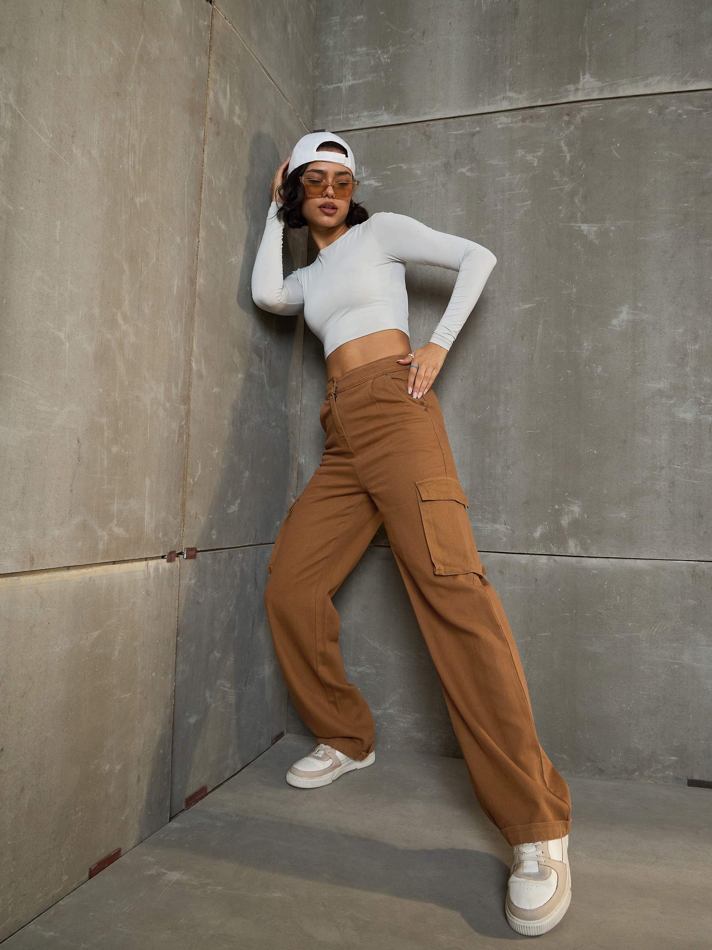 Women's Tan Box Pockets Straight Cargo Pan