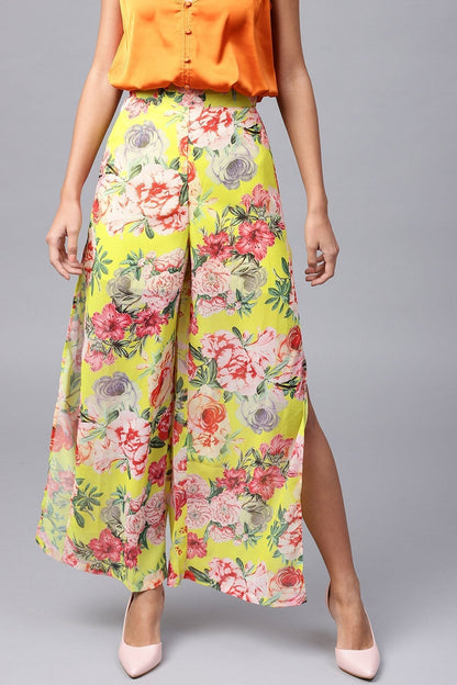 Women's Yellow Tropical Side Slit Pants