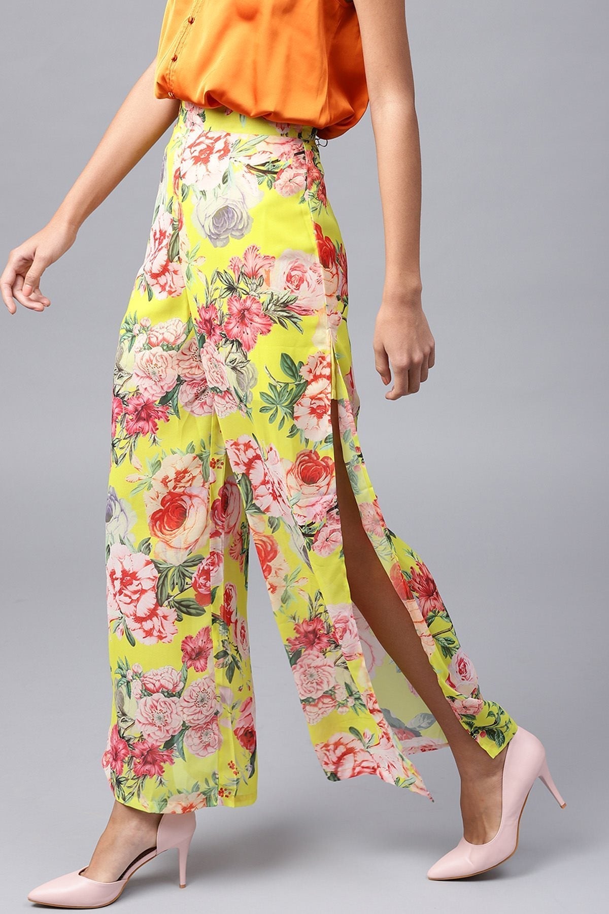 Women's Yellow Tropical Side Slit Pants
