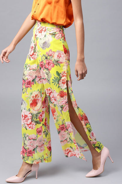 Women's Yellow Tropical Side Slit Pants
