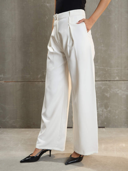 Women's White Front Pleated High Rise Pan