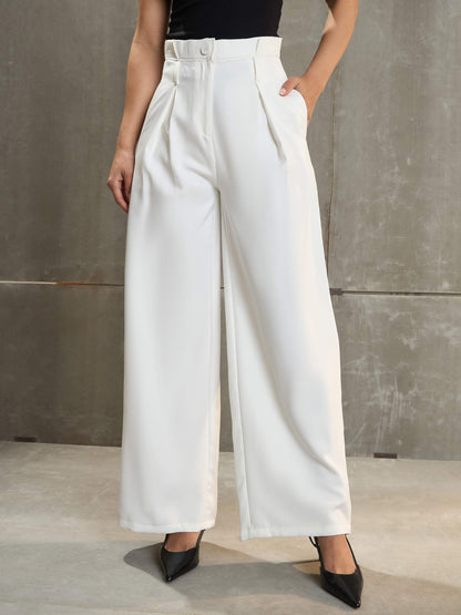 Women's White Front Pleated High Rise Pan