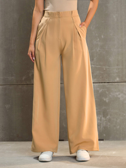 Women's Beige Front Pleated High Rise Pan