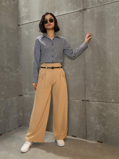 Women's Beige Front Pleated High Rise Pan