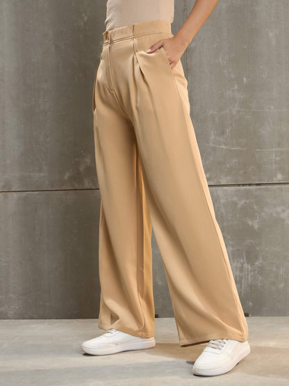 Women's Beige Front Pleated High Rise Pan