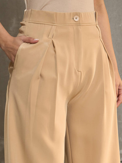 Women's Beige Front Pleated High Rise Pan