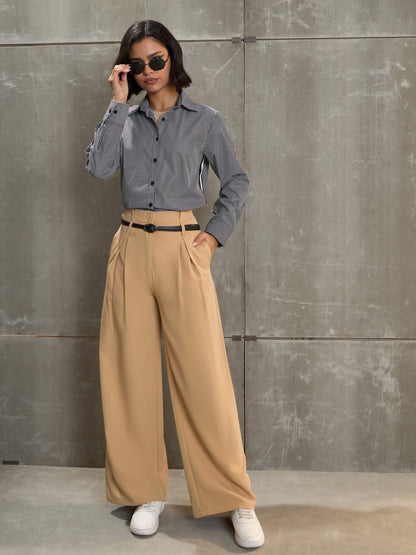 Women's Beige Front Pleated High Rise Pan
