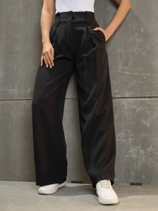 Women's Black Front Pleated High Rise Pan