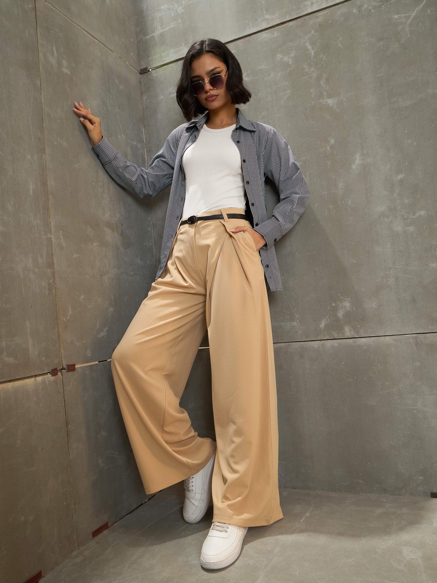 Women's Beige Front Wrap Pleated Wide Leg Pan