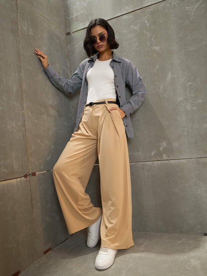 Women's Beige Front Wrap Pleated Wide Leg Pan