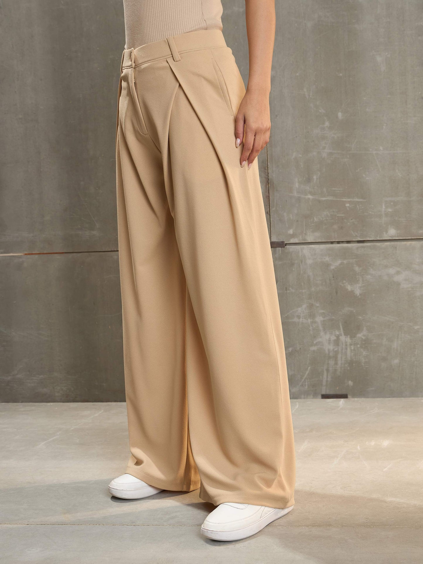 Women's Beige Front Wrap Pleated Wide Leg Pan