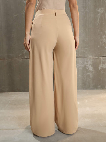 Women's Beige Front Wrap Pleated Wide Leg Pan