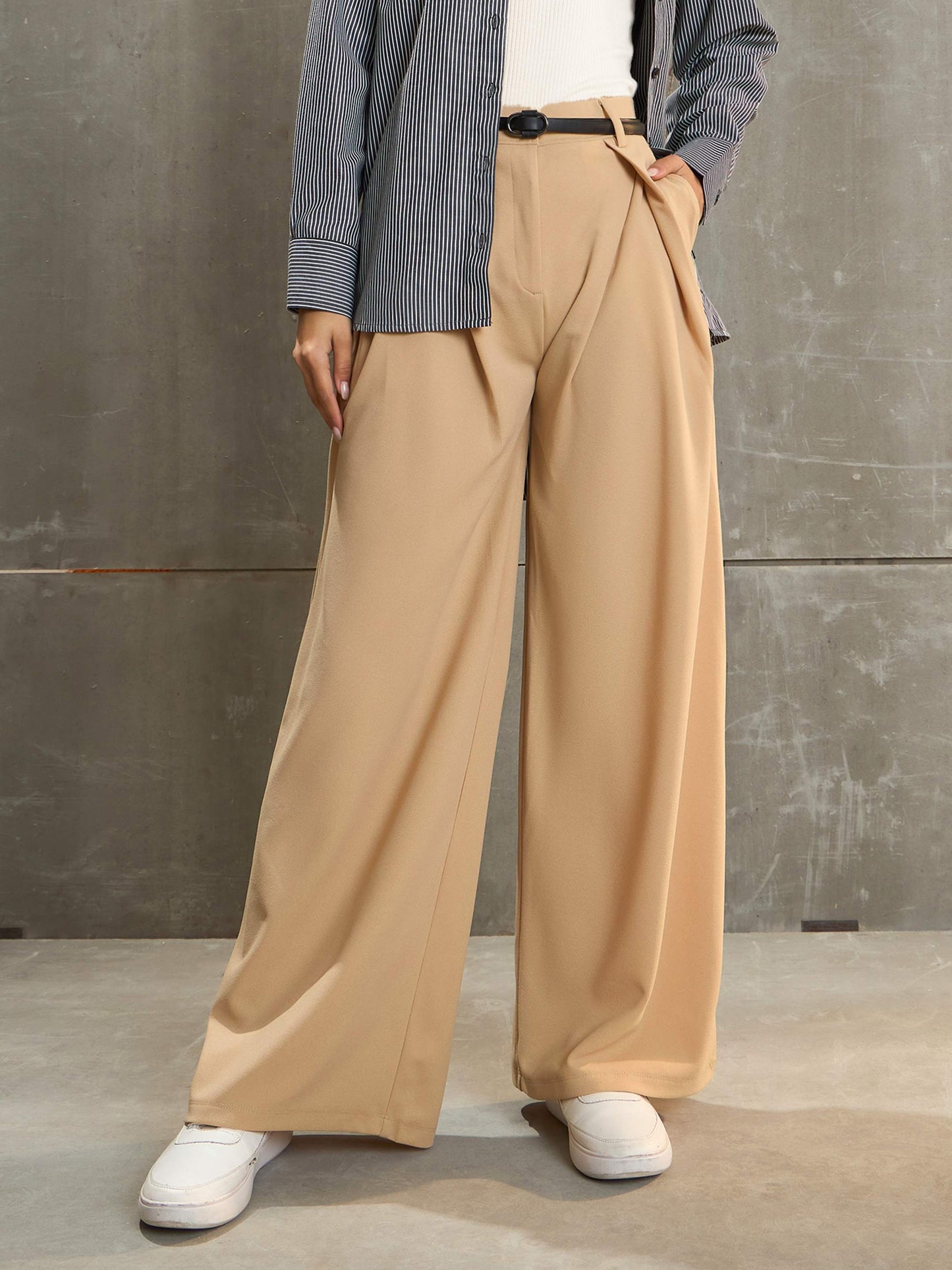 Women's Beige Front Wrap Pleated Wide Leg Pan