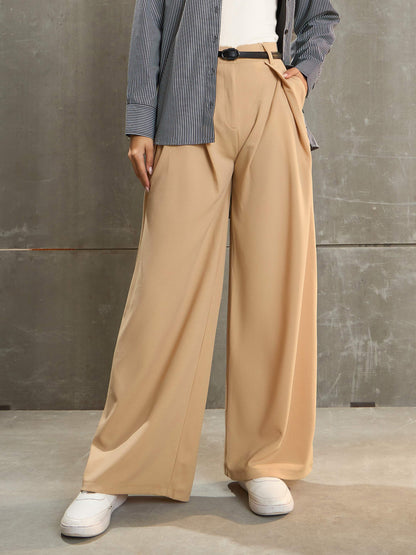 Women's Beige Front Wrap Pleated Wide Leg Pan