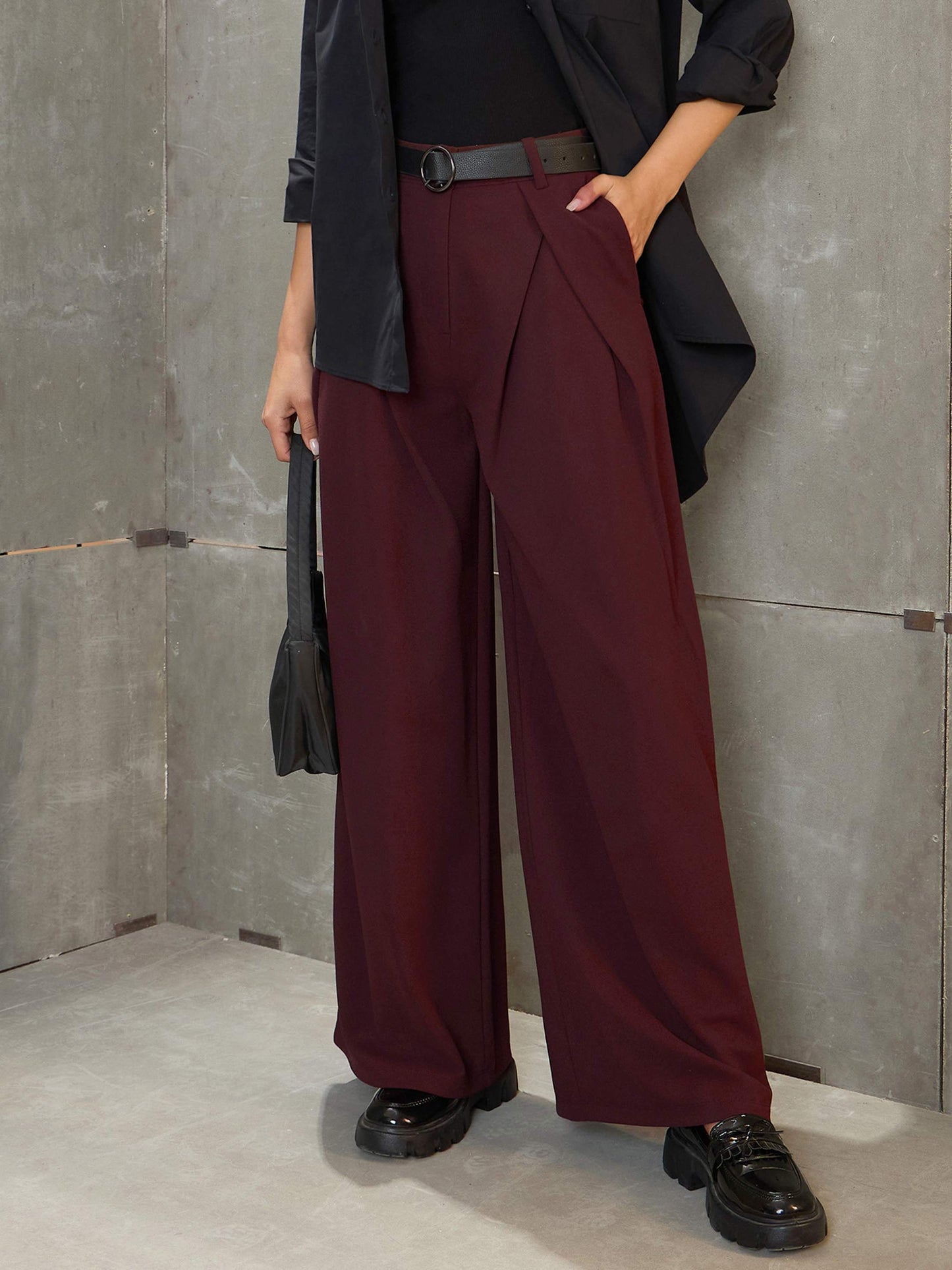 Women's Brown Front Wrap Pleated Wide Leg Pan