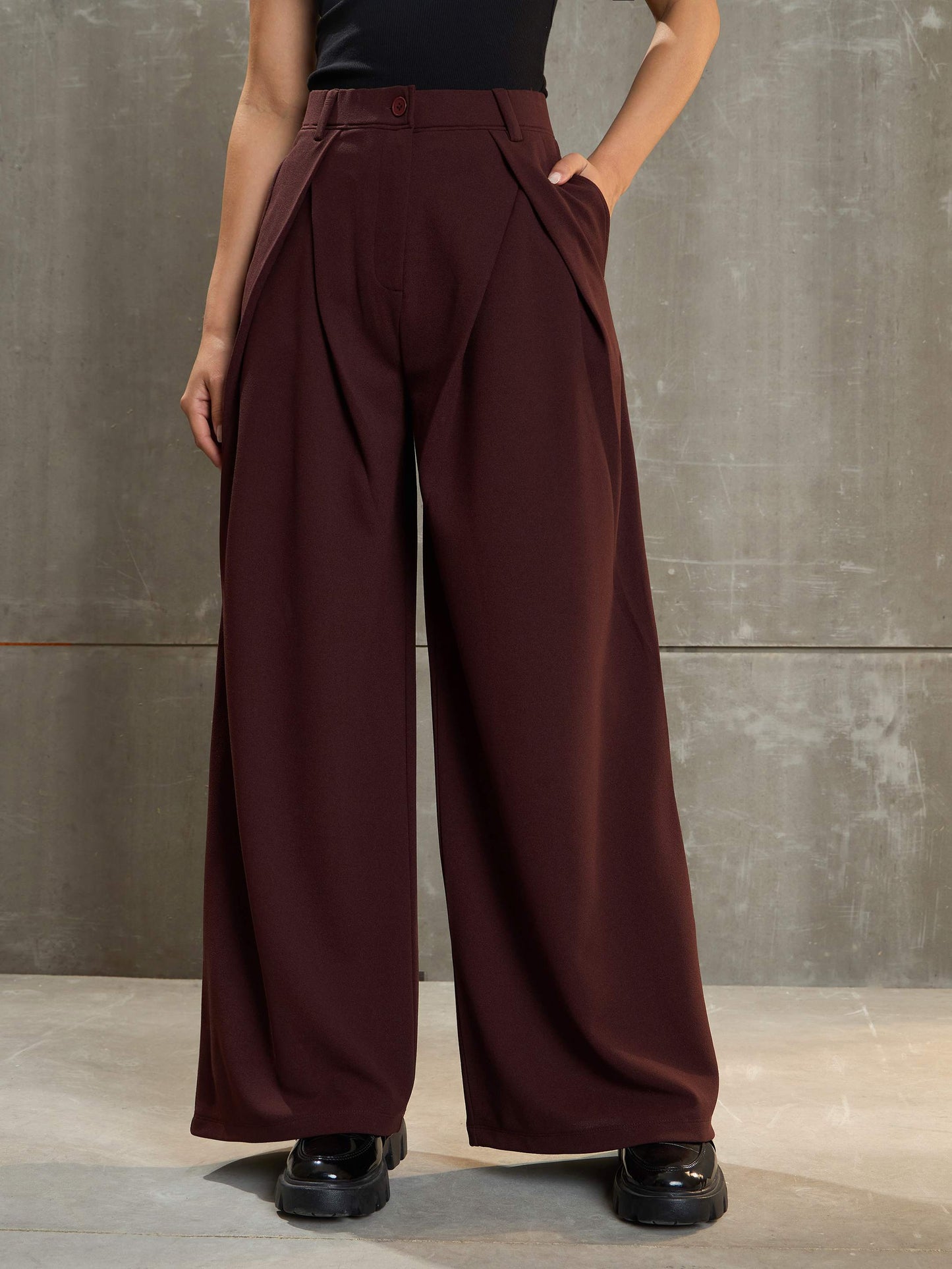 Women's Brown Front Wrap Pleated Wide Leg Pan