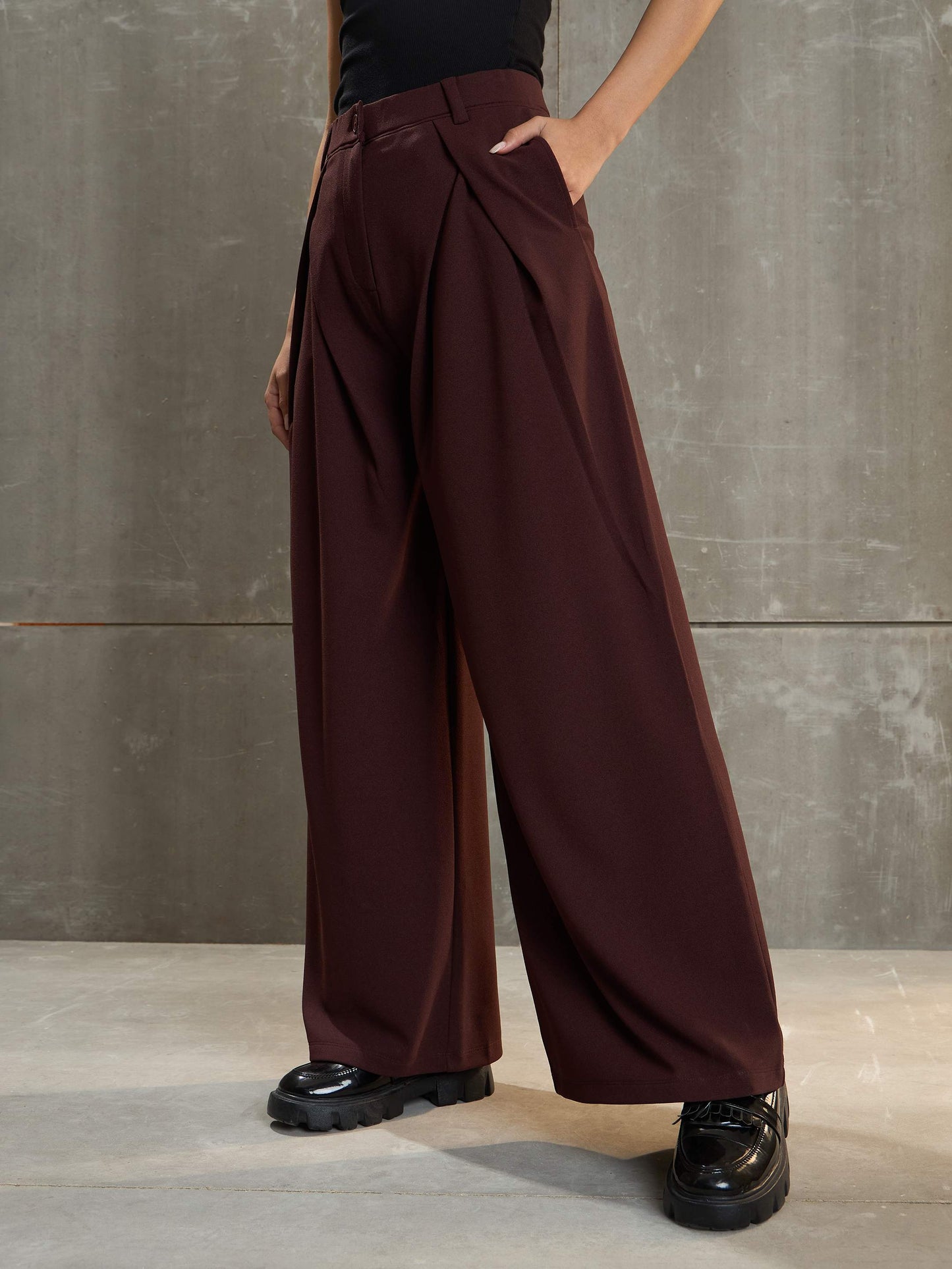 Women's Brown Front Wrap Pleated Wide Leg Pan