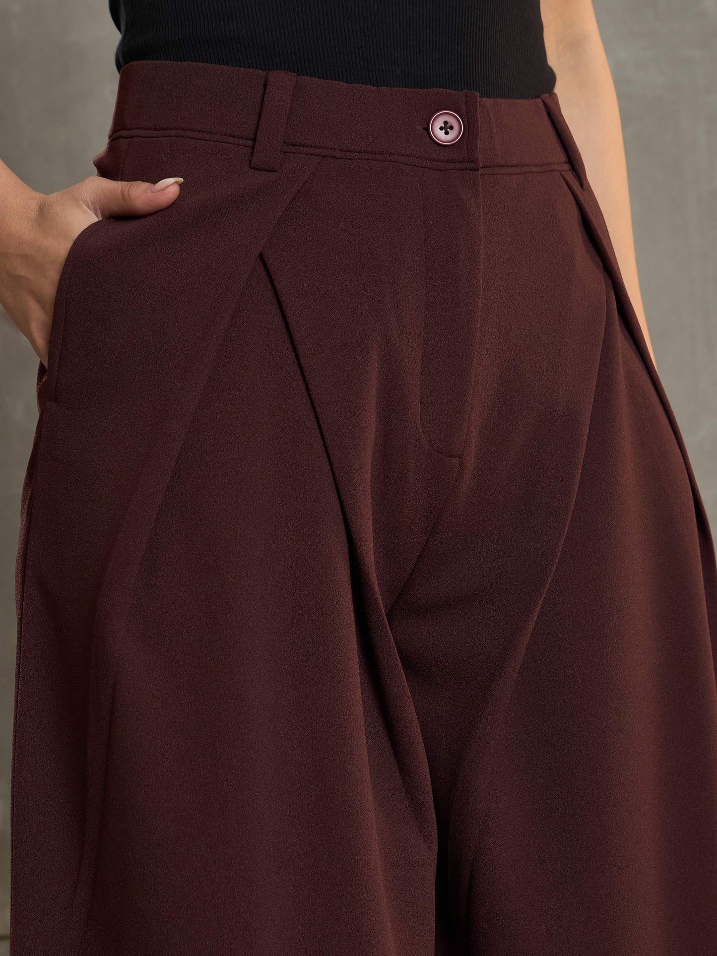 Women's Brown Front Wrap Pleated Wide Leg Pan