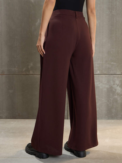 Women's Brown Front Wrap Pleated Wide Leg Pan