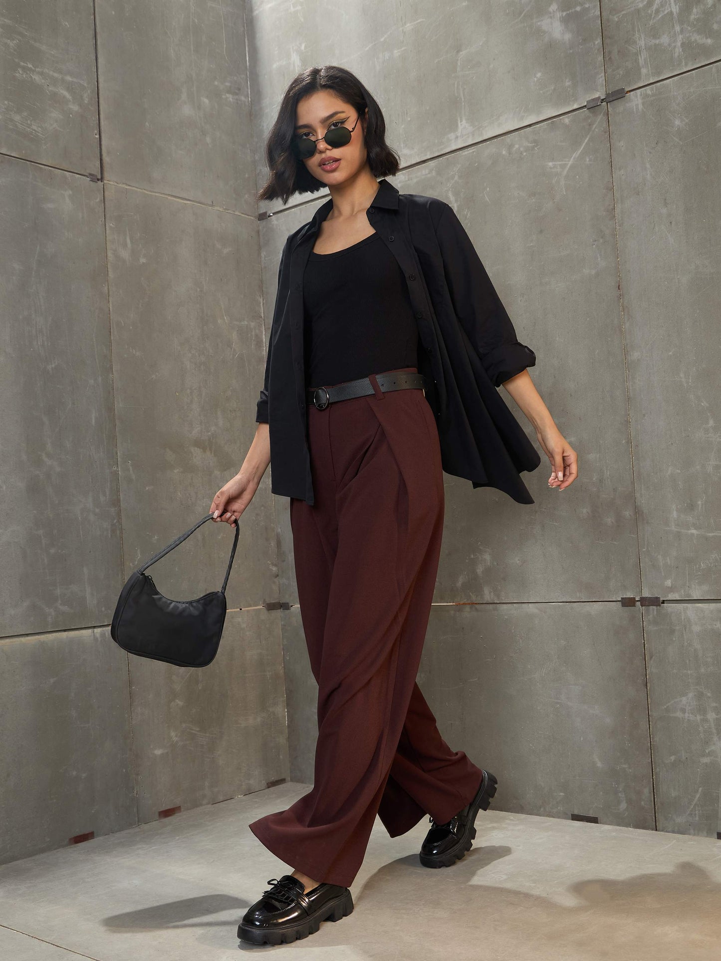 Women's Brown Front Wrap Pleated Wide Leg Pan