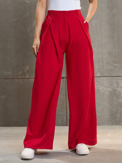 Women's Red Front Wrap Pleated Wide Leg Pan