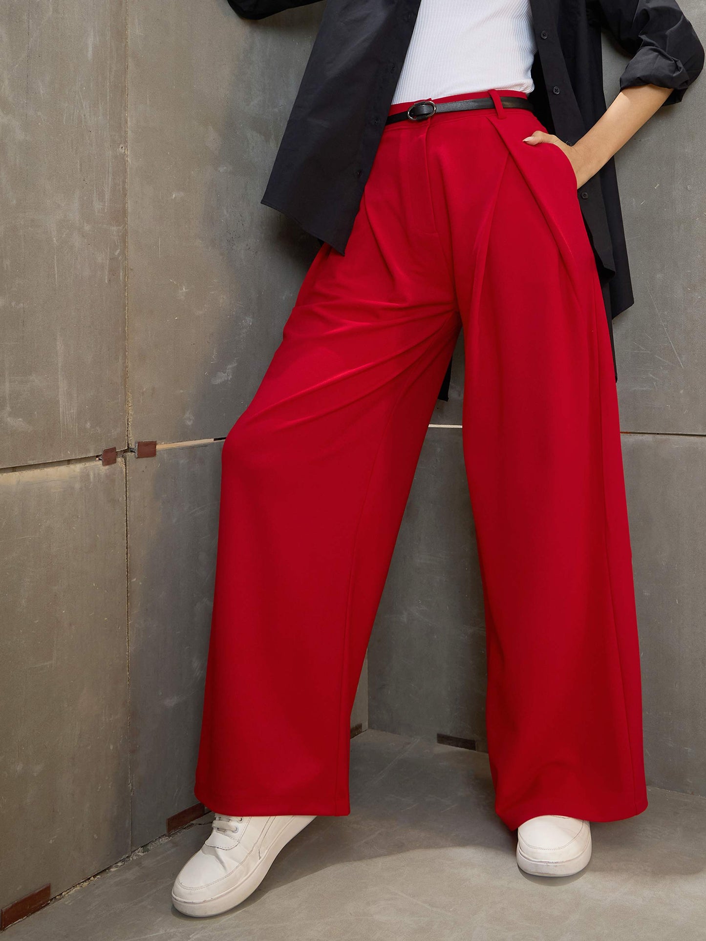 Women's Red Front Wrap Pleated Wide Leg Pan