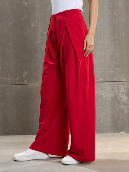 Women's Red Front Wrap Pleated Wide Leg Pan