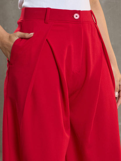 Women's Red Front Wrap Pleated Wide Leg Pan