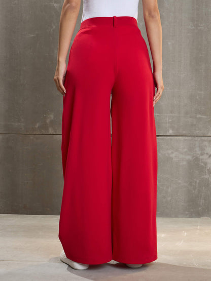 Women's Red Front Wrap Pleated Wide Leg Pan