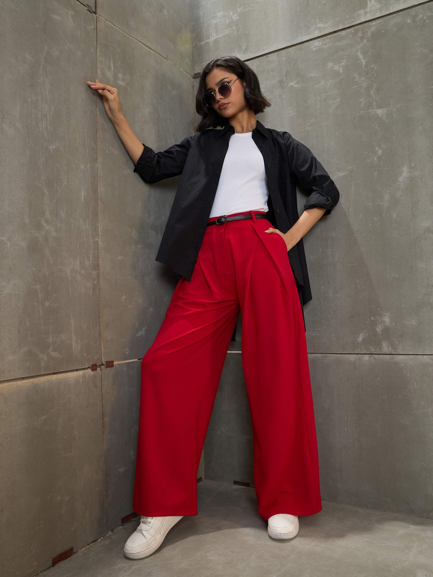 Women's Red Front Wrap Pleated Wide Leg Pan