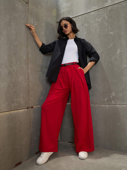 Women's Red Front Wrap Pleated Wide Leg Pan