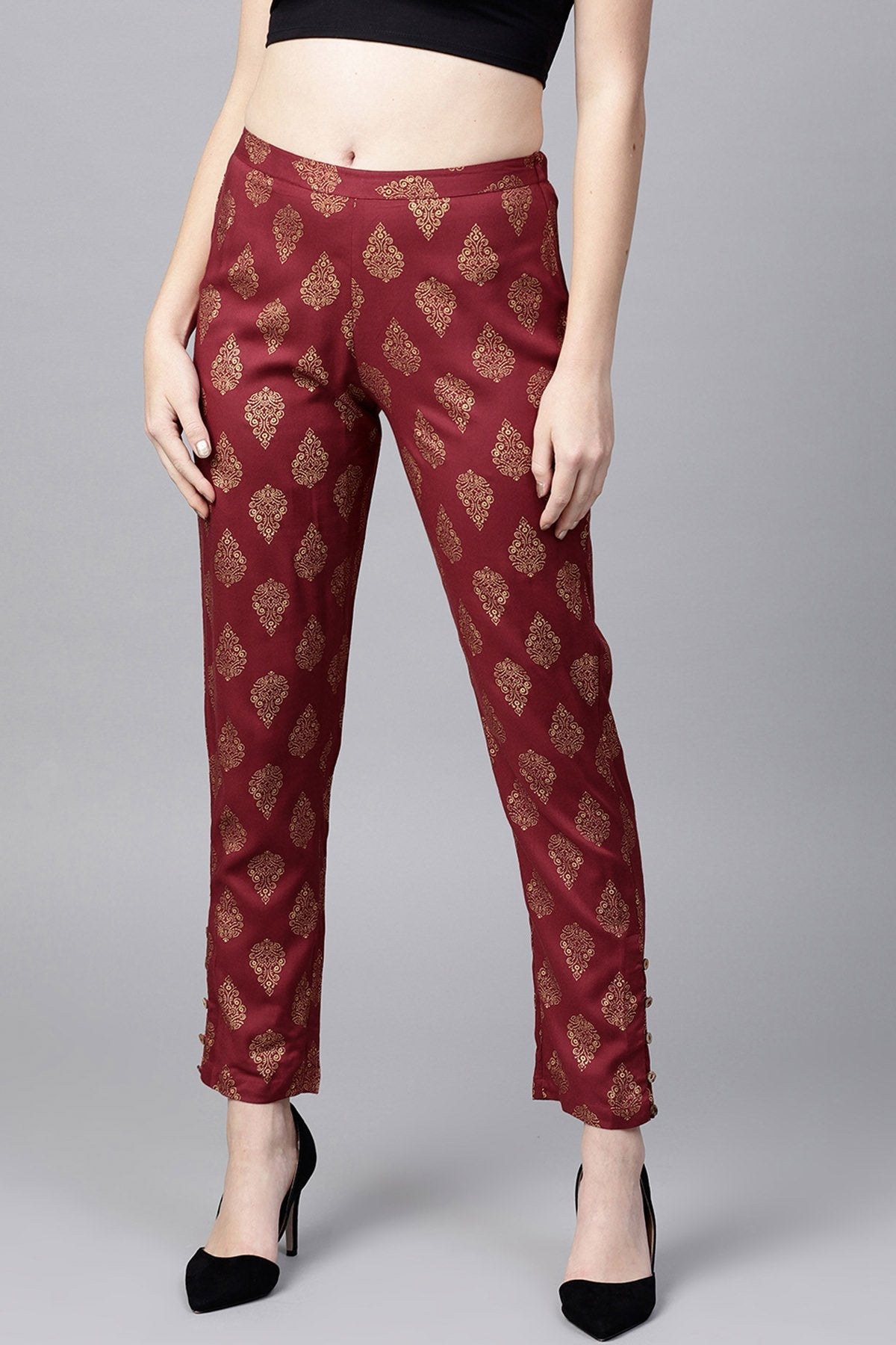 Women's Maroon Foil Print Pencil Pants