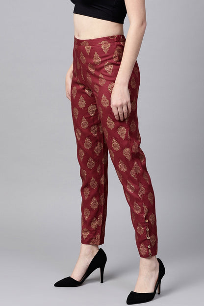 Women's Maroon Foil Print Pencil Pants