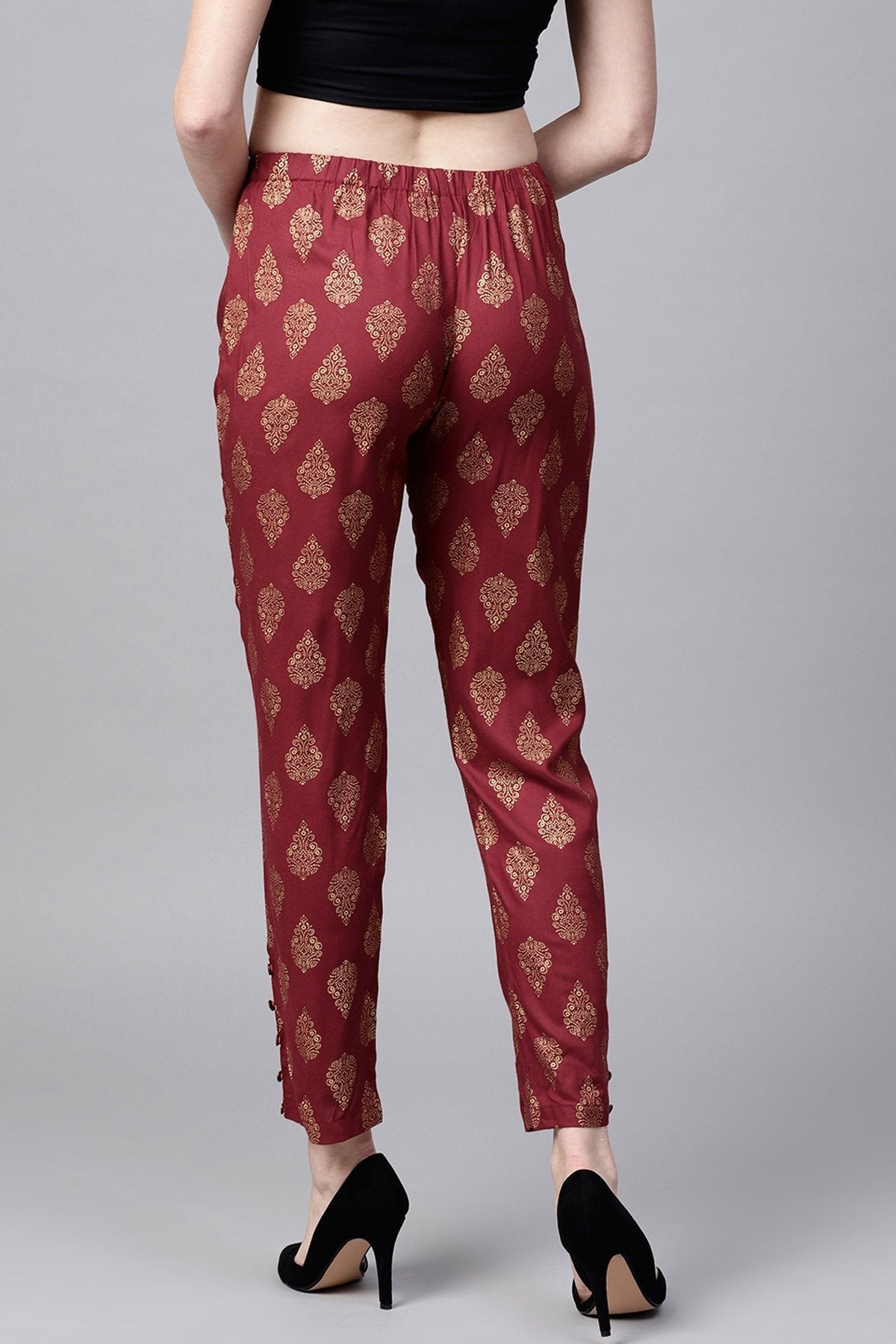 Women's Maroon Foil Print Pencil Pants