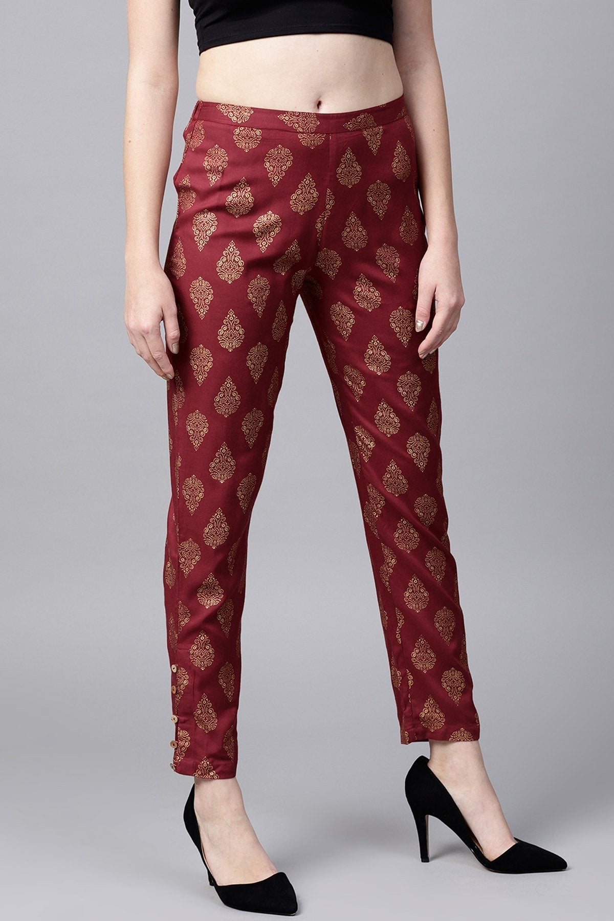 Women's Maroon Foil Print Pencil Pants