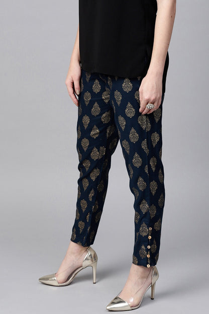 Women's Navy Foil Print Pencil Pants